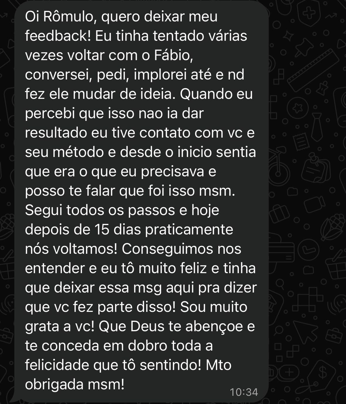 Captura de conversa com depoimento real sobre a aplicação do Método REATAR