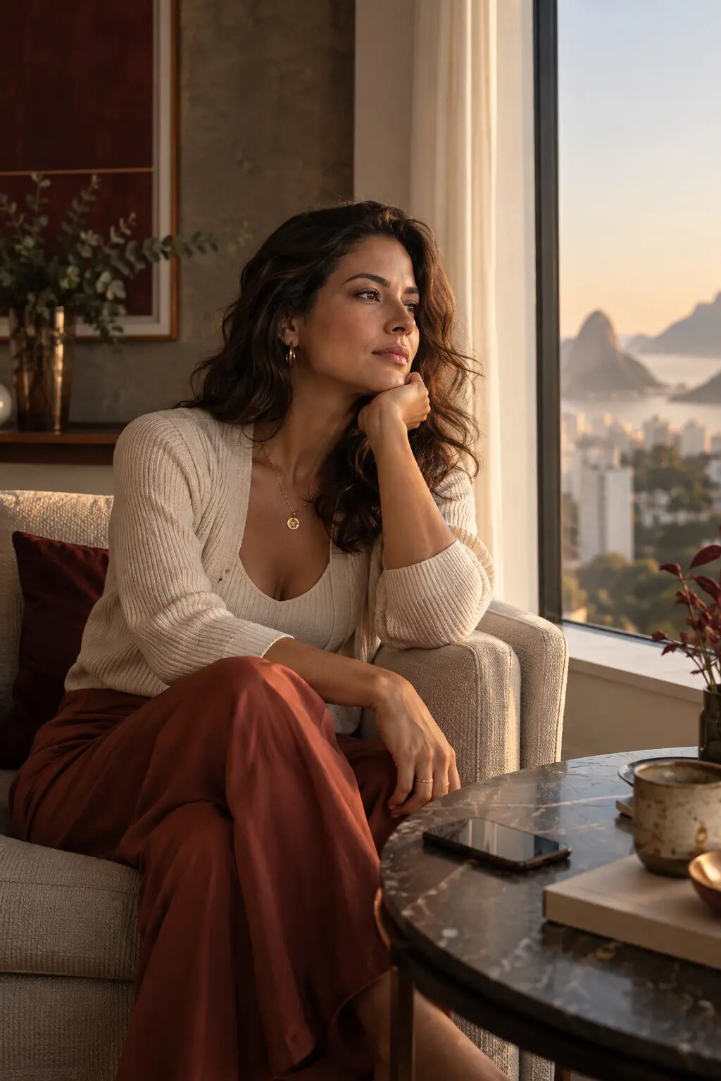 Mulher em um momento de reflexão antes de usar o celular